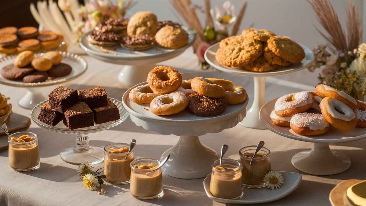 A dessert table featuring a variety of sweets, including brownies, cookies, donuts, and puddings.