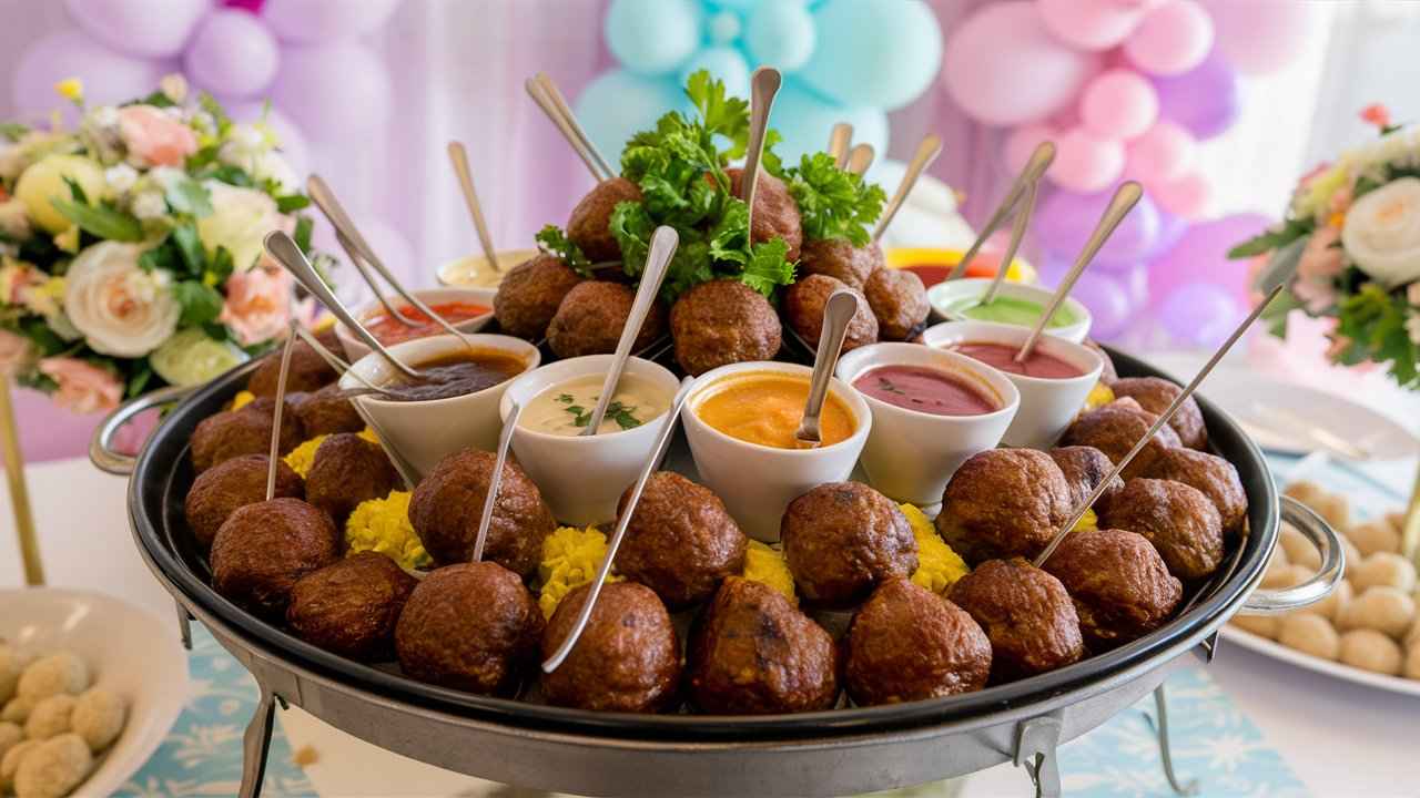 Buffet-style setup of baby shower meatballs in a warming tray with sauces and pastel decorations