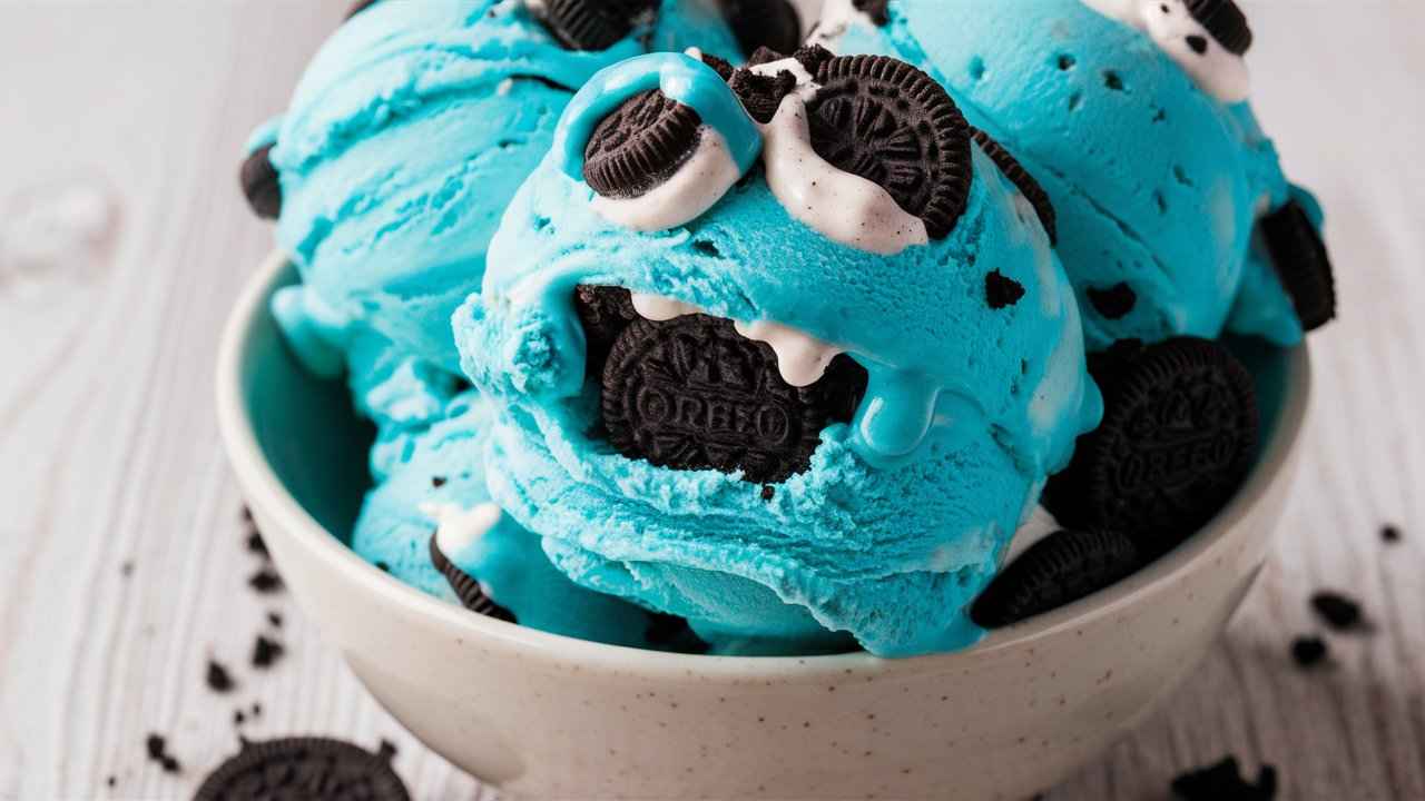 A bowl of Cookie Monster Ice Cream with chunks of cookies.