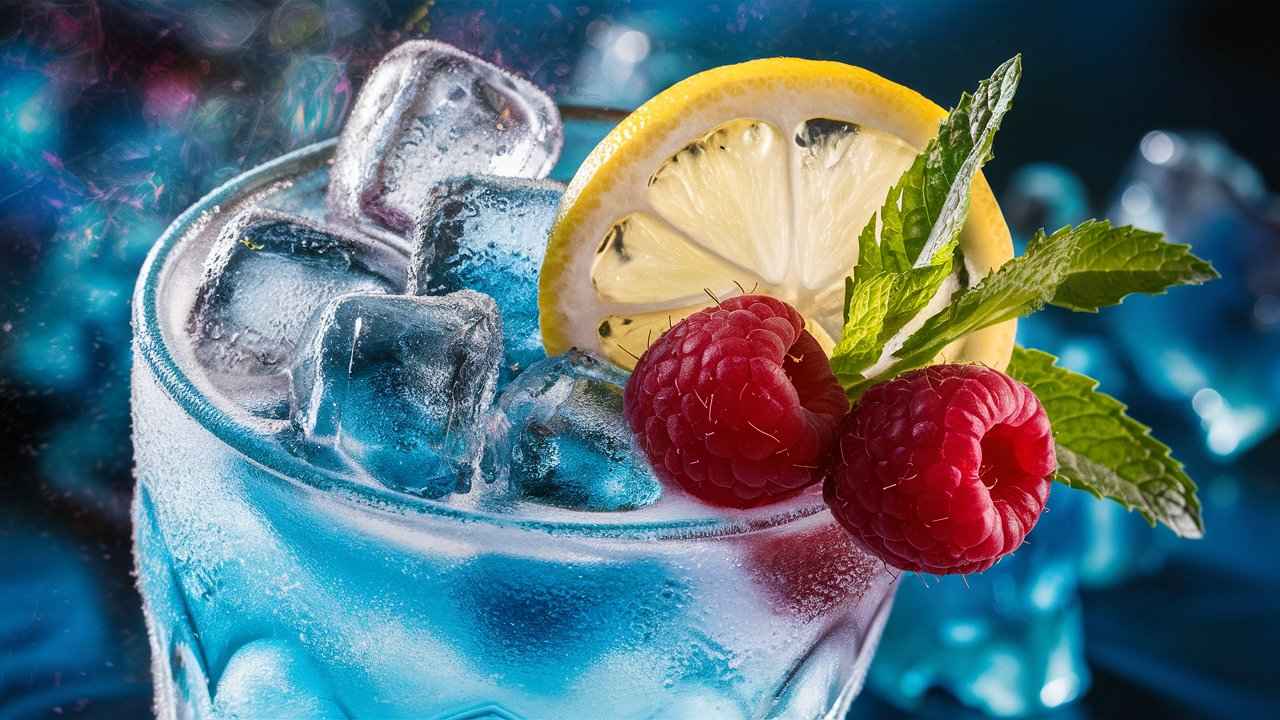 Close-up of a glass of blue raspberry lemonade with ice, a lemon slice, raspberries, and a mint sprig