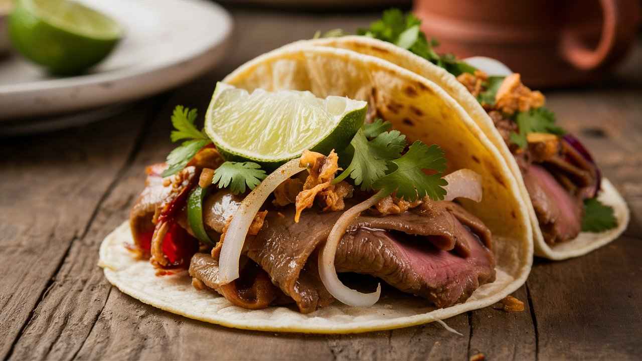 Close-up of beef tongue taco with cilantro, onions, and lime on a wooden table