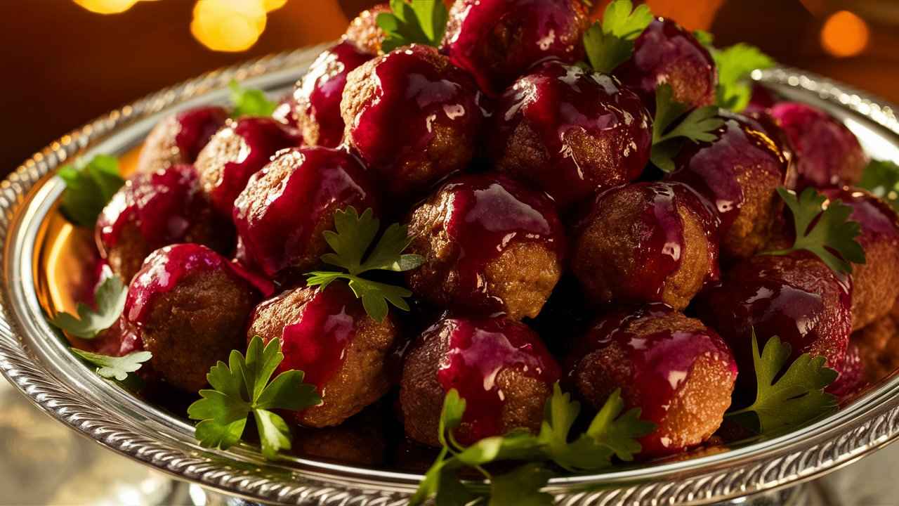 Close-up of grape jelly meatballs on a platter with parsley garnish