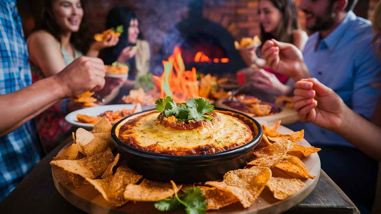 BBQ party scene with smoked queso dip, chips, and cilantro, set against a smoky backdrop