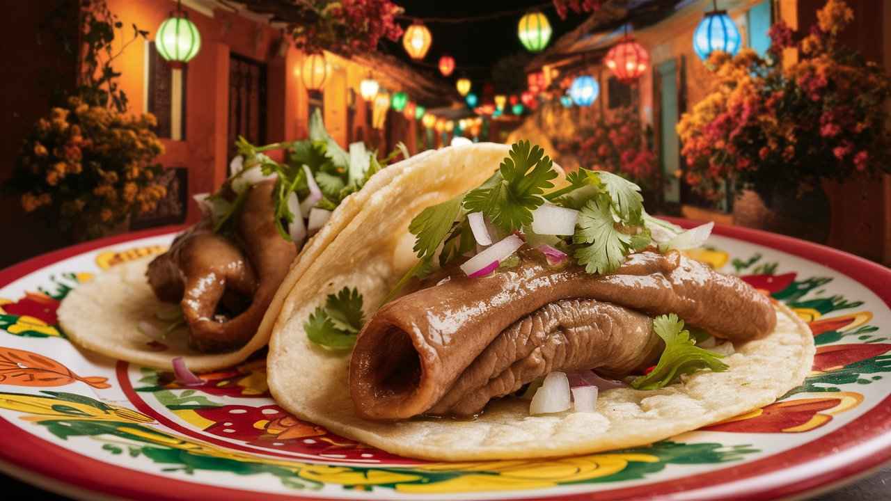 Close-up of tacos de lengua with tender beef tongue, cilantro, and onions served on a traditional Mexican plate, showcasing vibrant colors and rustic ambiance.