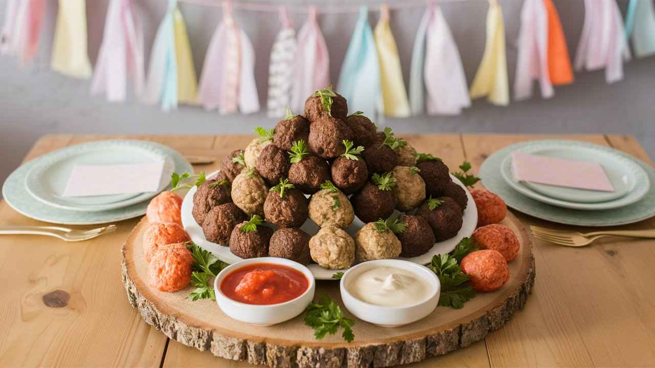 A platter of beef and vegetarian meatballs garnished with parsley, displayed on a rustic