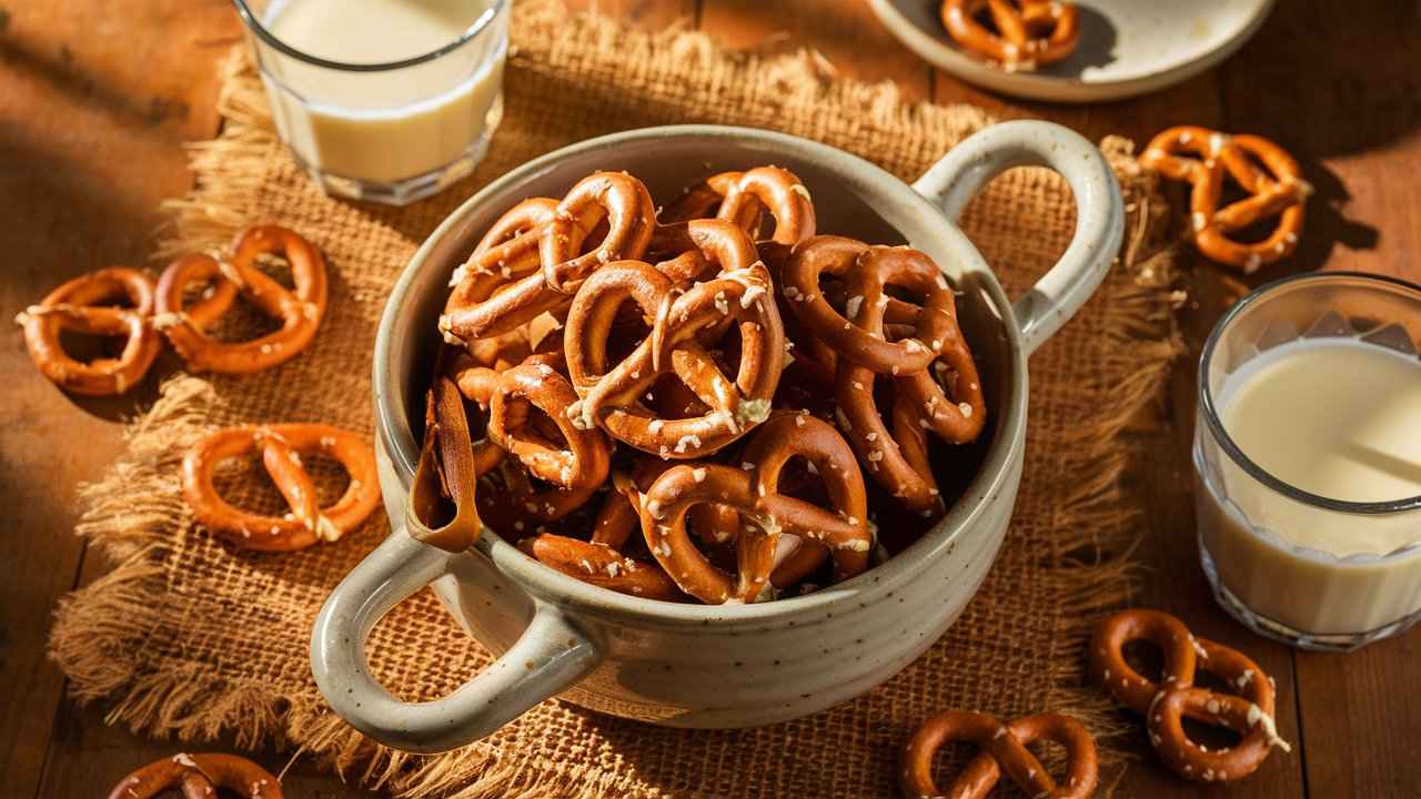 A bowl of peanut butter-filled pretzels