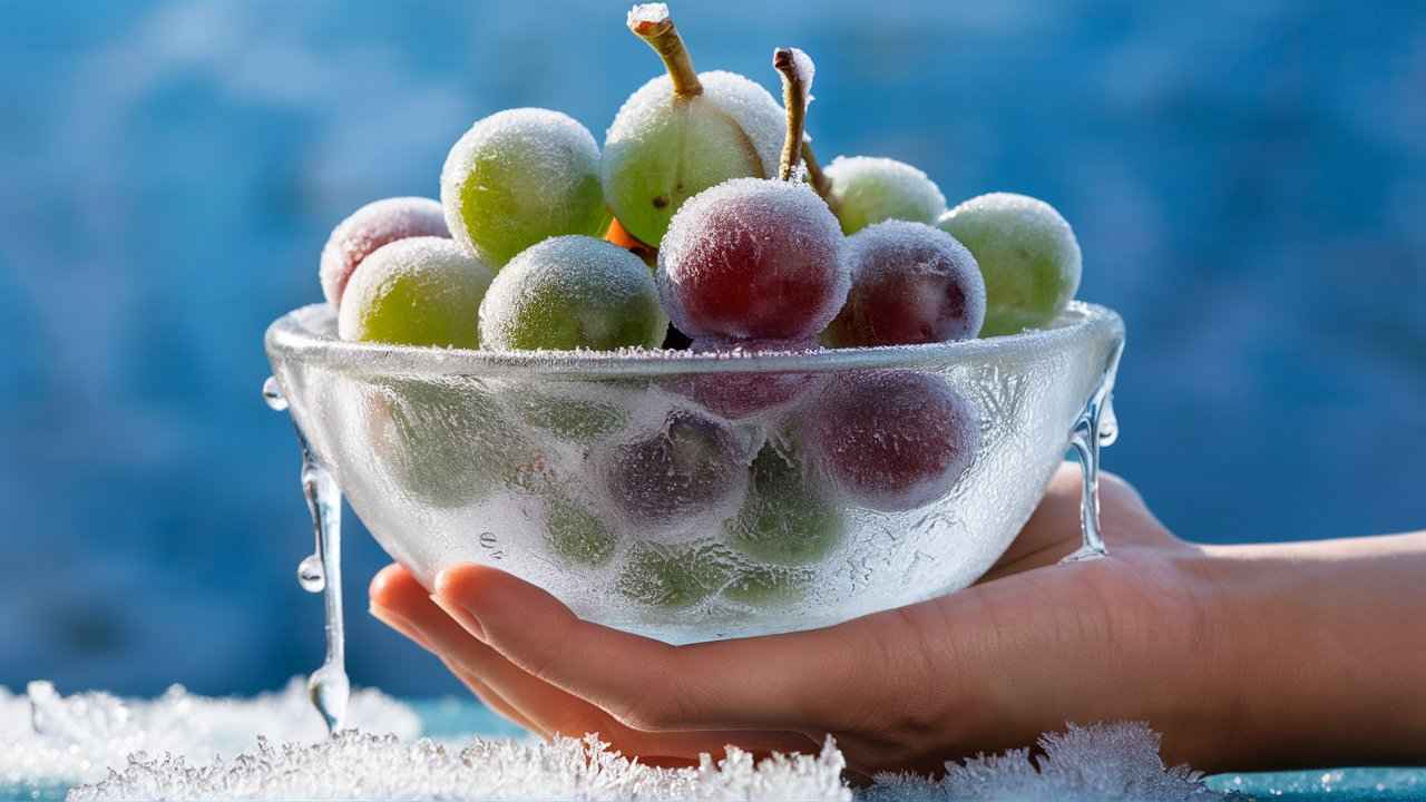 Hand holding a bowl of sour frozen grapes with condensation