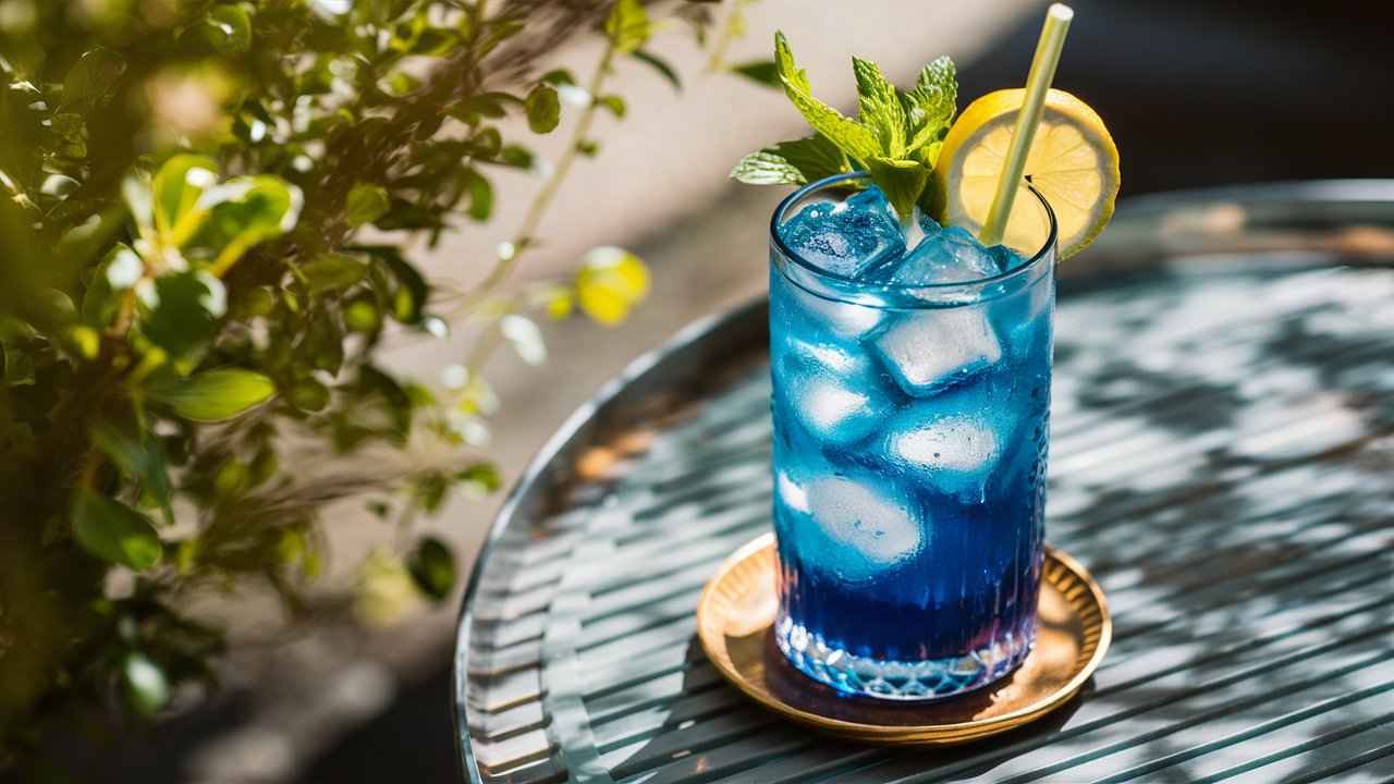 A tall glass of vibrant blue raspberry lemonade garnished with a lemon wedge and fresh mint, sitting on a sunny outdoor table