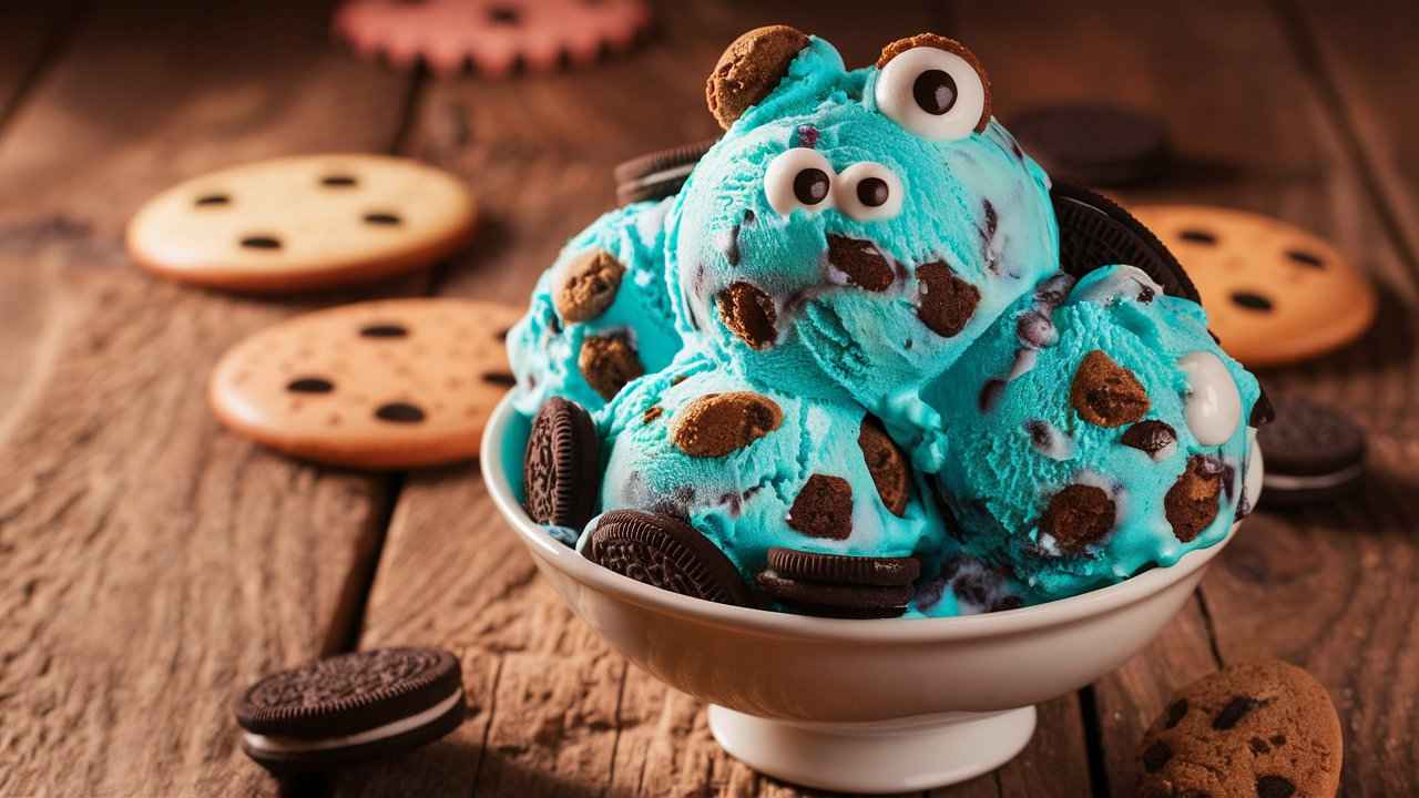 Bowl of Cookie Monster Ice Cream with cookies.