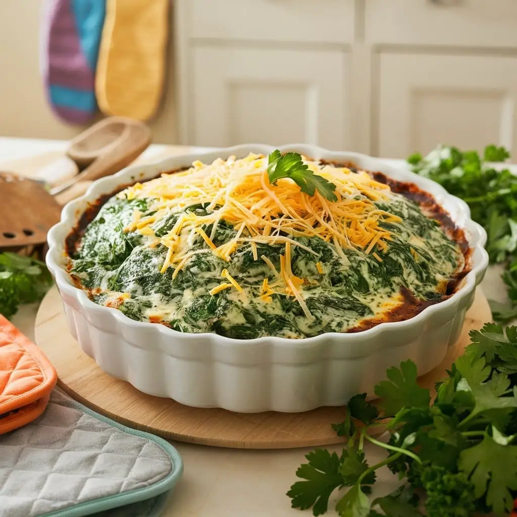 Spinach and cottage cheese casserole garnished with parsley, ready to be baked in the oven.