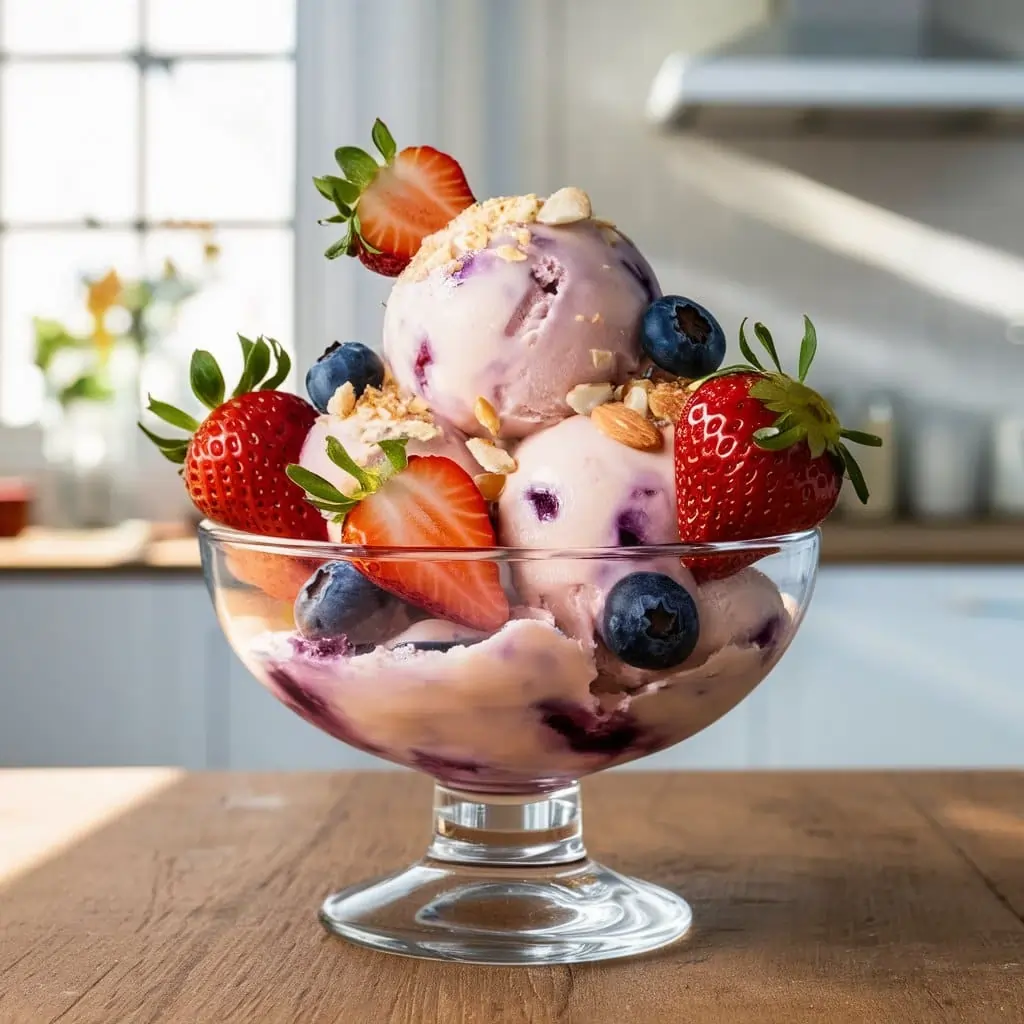 A bowl of protein ice cream topped with fresh strawberries, blueberries, and crushed almonds, placed in a bright kitchen setting.