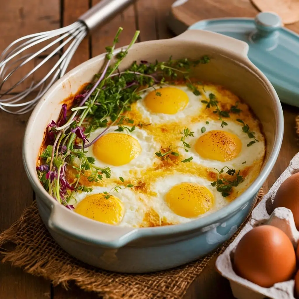 Golden baked cottage cheese eggs in a ceramic dish with fresh herbs on a wooden table.