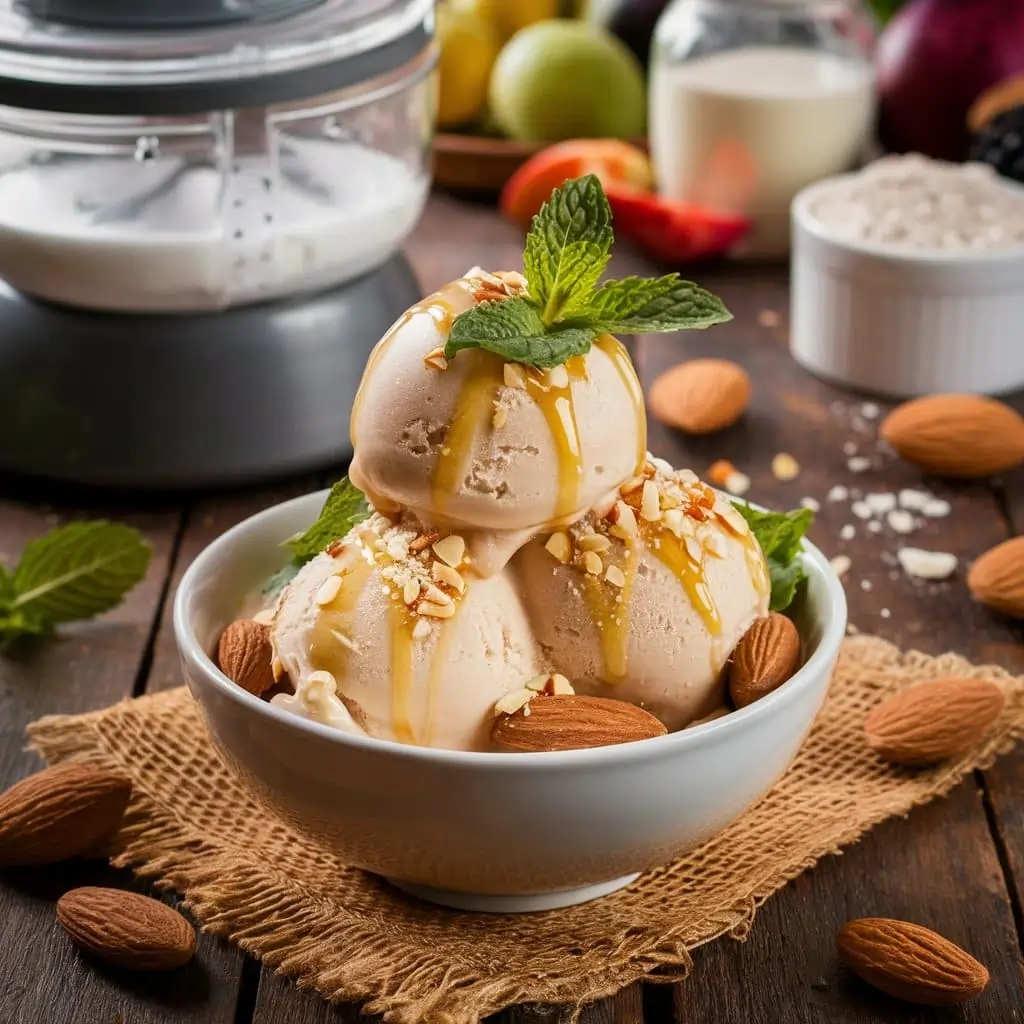 A bowl of protein ice cream with almonds, honey, and mint, displayed near an ice cream maker and fresh ingredients on a countertop.