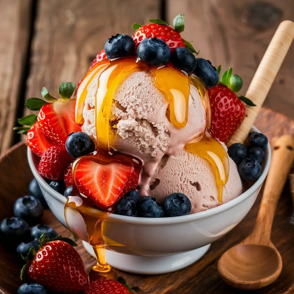 A bowl of Creami Protein Ice Cream topped with fresh strawberries, blueberries, and a drizzle of honey, placed on a rustic wooden table with a spoon beside it.