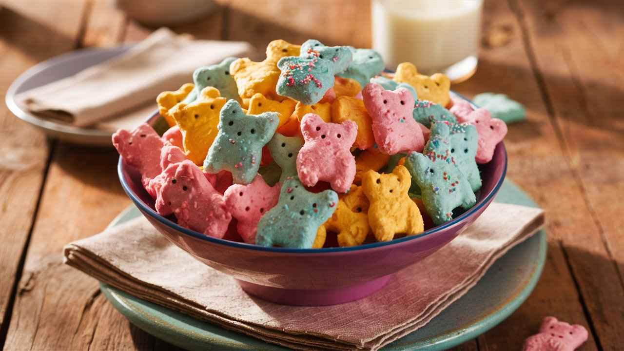 A vibrant bowl of frosted animal crackers with colorful sprinkles.