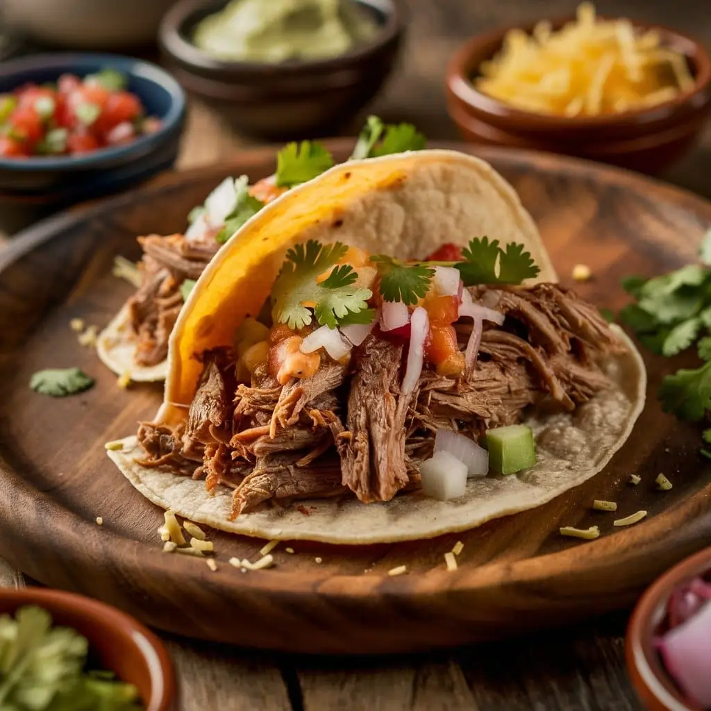 A freshly made beef brisket taco on a wooden plate with shredded brisket, cilantro, diced onions, and a corn tortilla, surrounded by bowls of toppings.