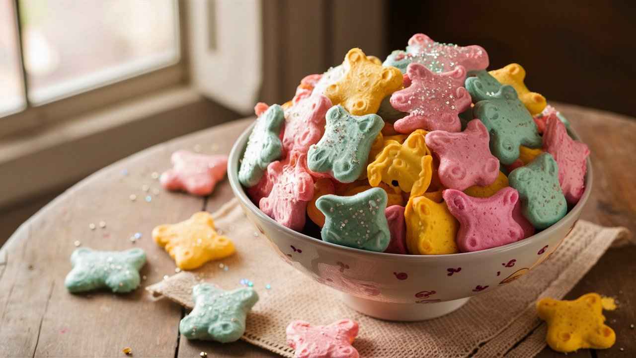 A bowl of frosted animal crackers with colorful sprinkles.