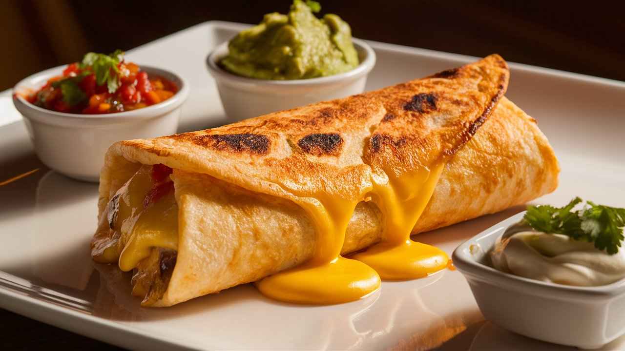 A golden grilled cheese burrito with a crispy, cheesy crust.