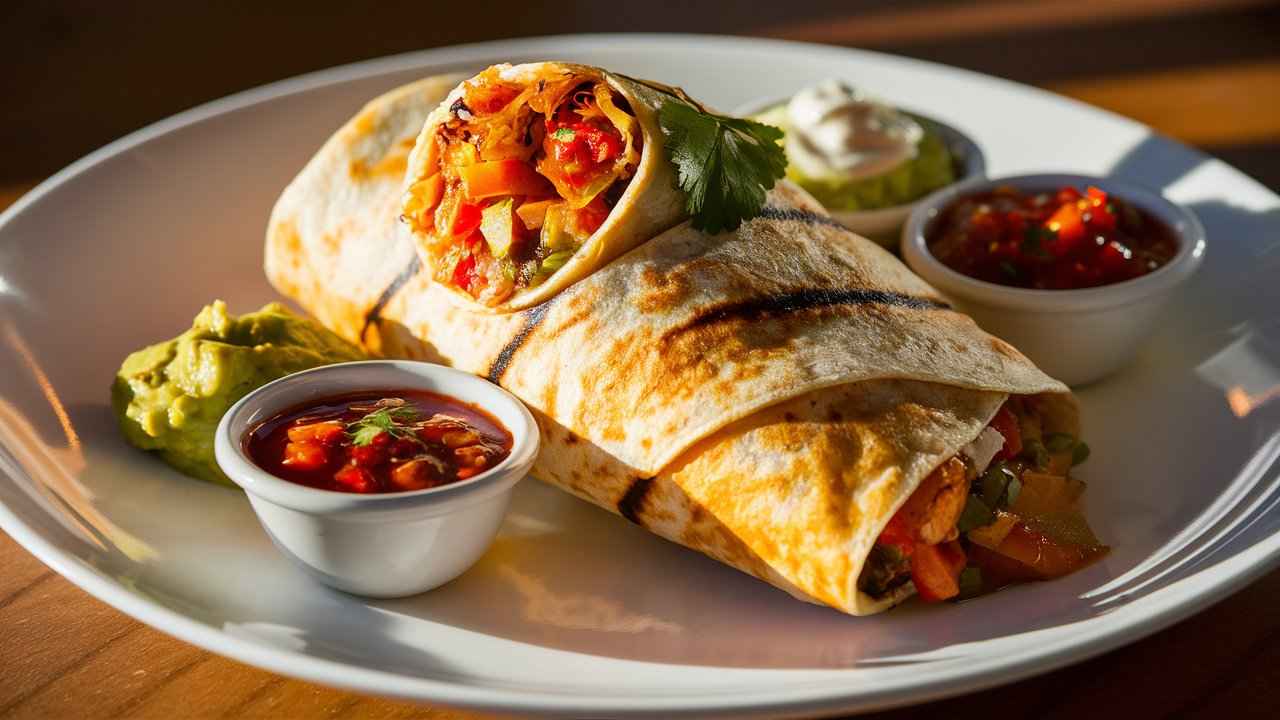 Taco Bell’s Grilled Stuft Burrito on a plate with sides.