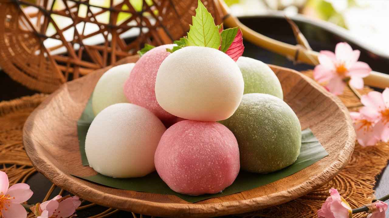 Japanese mochi dessert on a wooden plate.