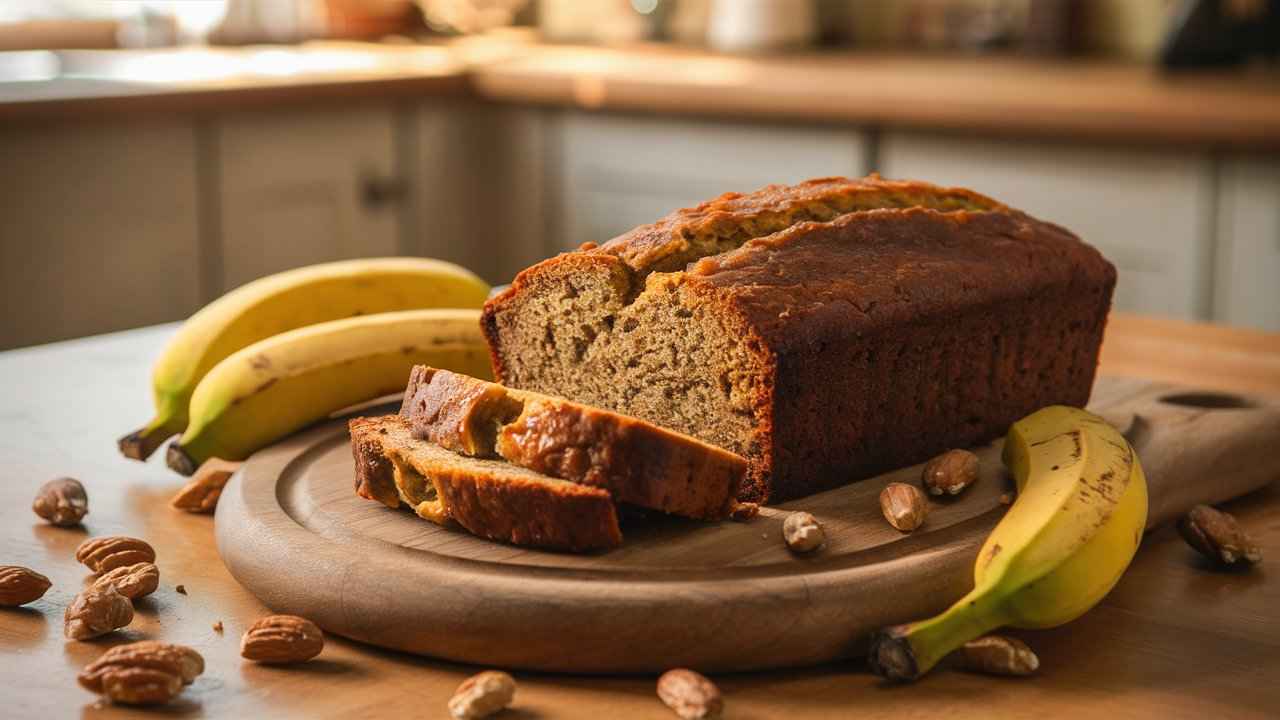 Flourless banana bread freshly baked on a cutting board