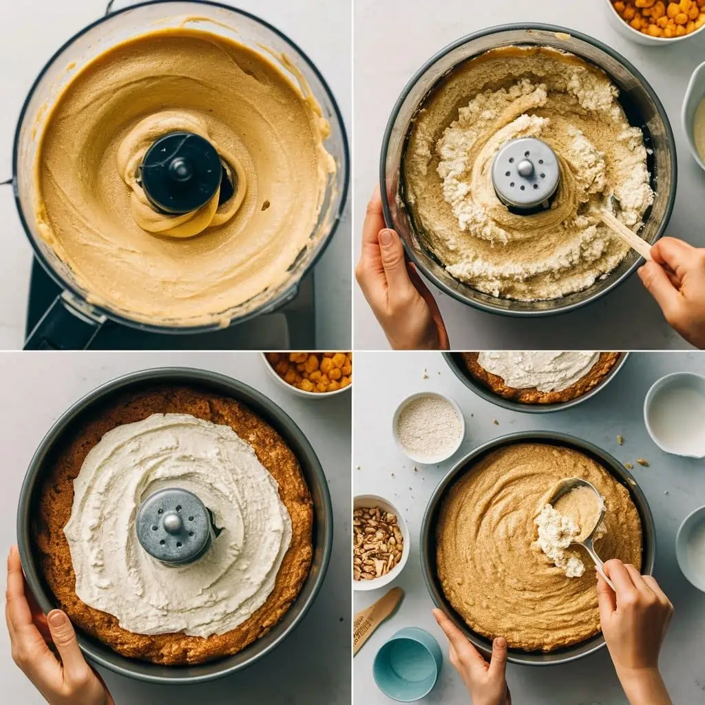 Blending cottage cheese, mixing batter, and pouring it into a baking pan on a clean kitchen counter.