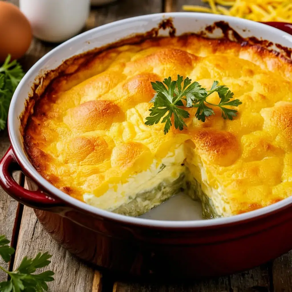 A golden egg bake in a deep ceramic casserole dish, garnished with parsley, placed on a rustic wooden table with eggs, milk, and shredded cheese in the background.