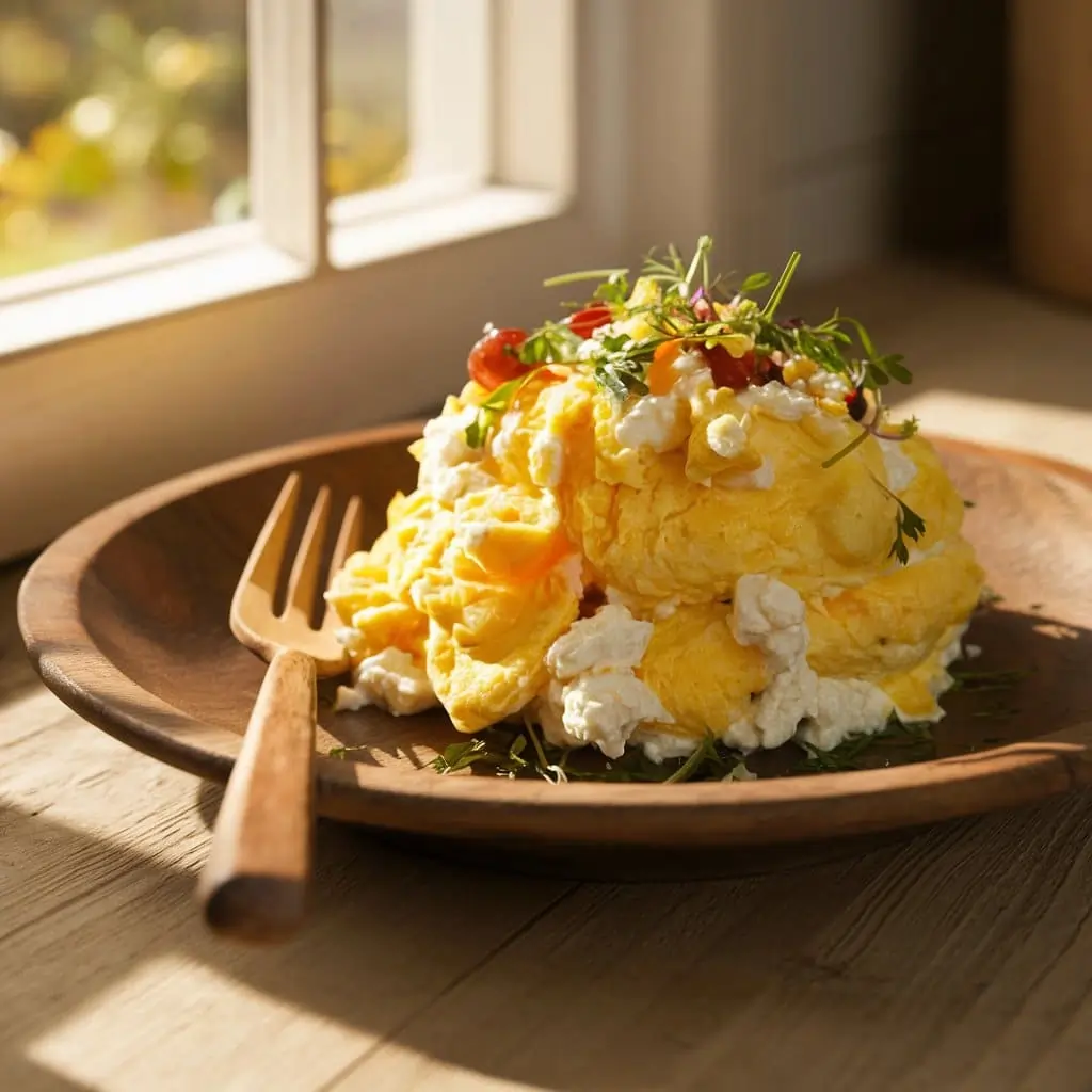 Fluffy scrambled eggs with cottage cheese, garnished with herbs, on a rustic wooden plate in a cozy kitchen setting.