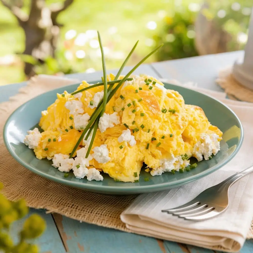 Fluffy scrambled eggs with cottage cheese garnished with chives on a rustic table.