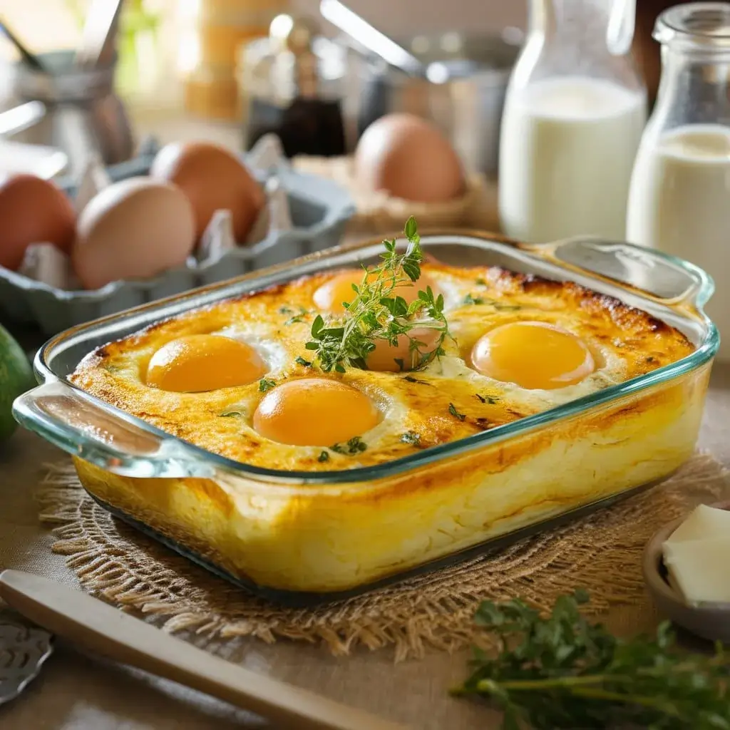 A golden egg bake in a glass dish, garnished with herbs, surrounded by eggs, cheese, and milk on a rustic kitchen table.