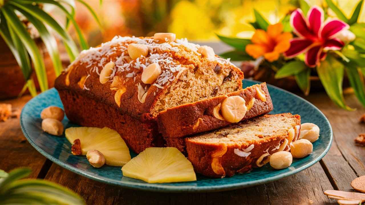 Hawaiian Banana Bread with coconut, pineapple, and macadamia nuts on a rustic wooden table.