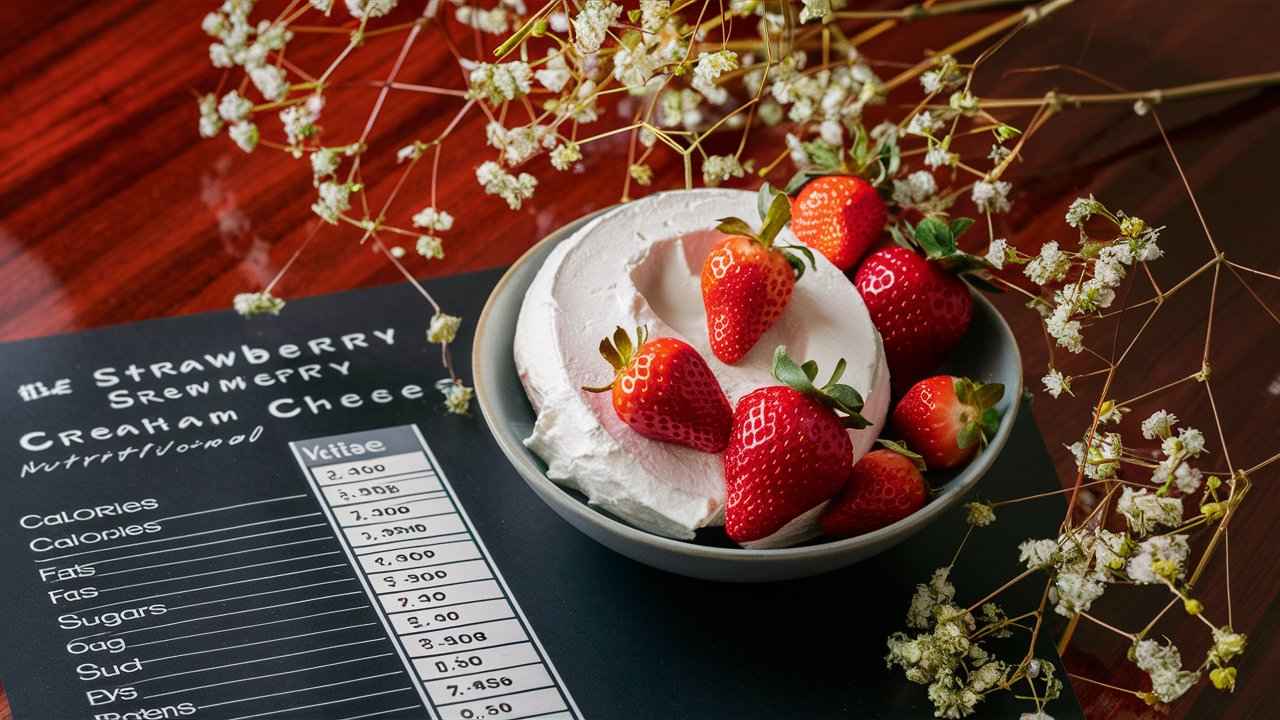 Nutritional chart for strawberry cream cheese with a bowl of cream cheese