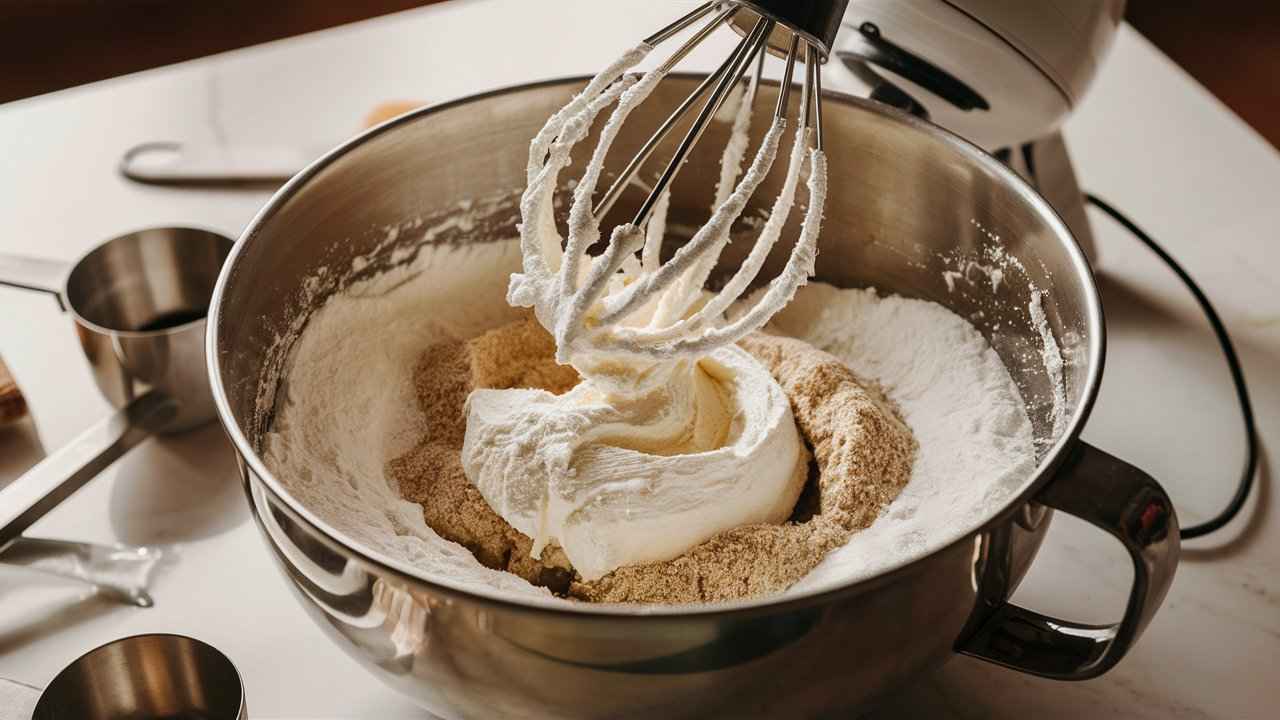 A mixing bowl with softened cream cheese and powdered sugar being whipped together