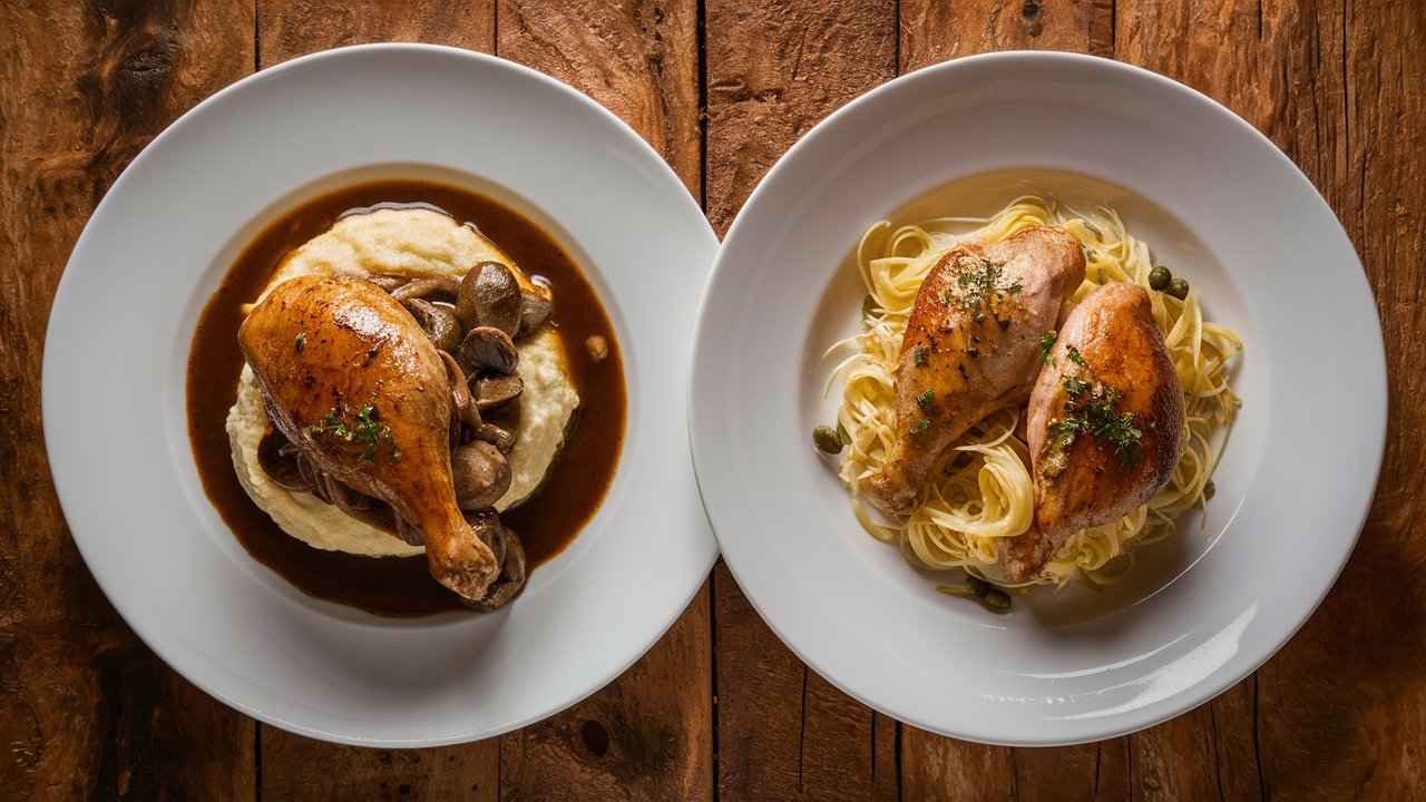 "Chicken Marsala and Chicken Piccata dishes side-by-side, showcasing their distinct flavors and presentations."