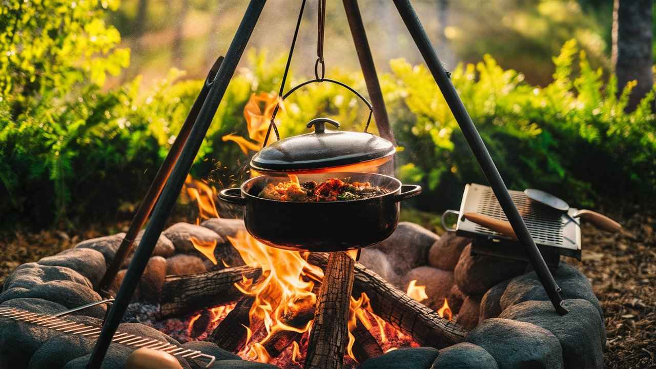 Dutch oven hanging over a campfire surrounded by greenery and cooking tools