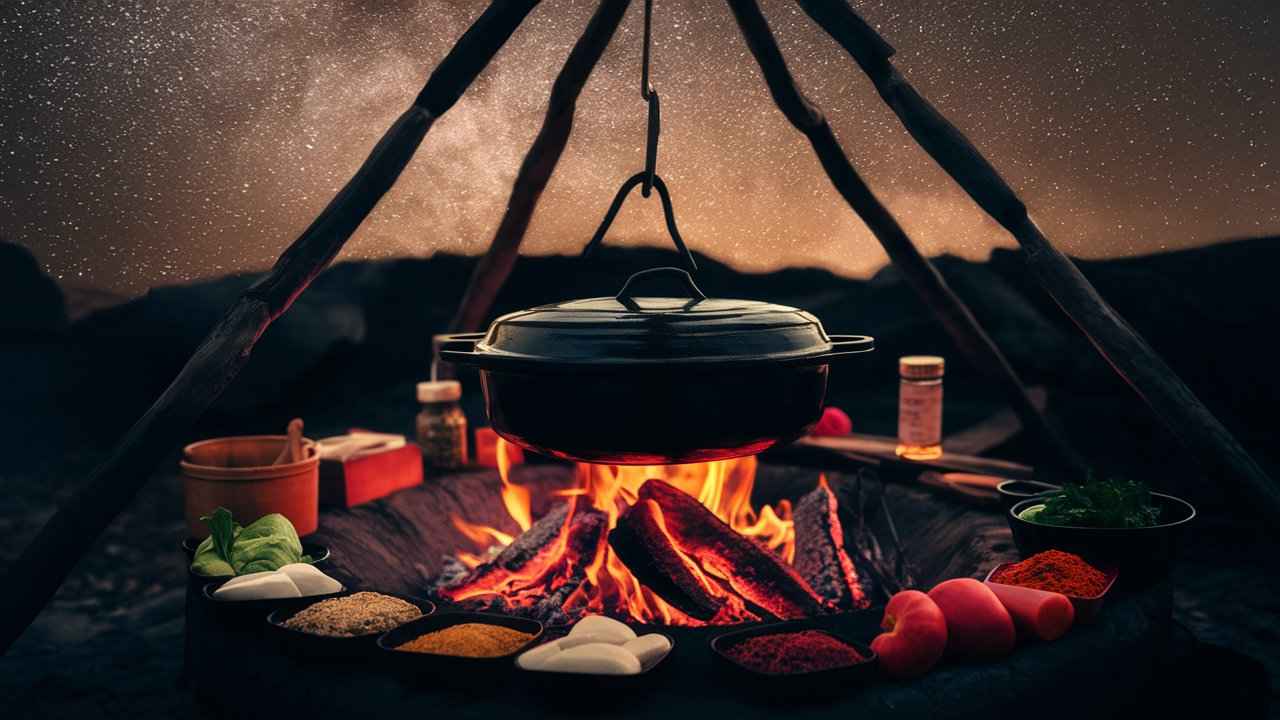 Rustic campfire with a Dutch oven hanging over glowing embers, surrounded by fresh vegetables and spices under a starry night sky