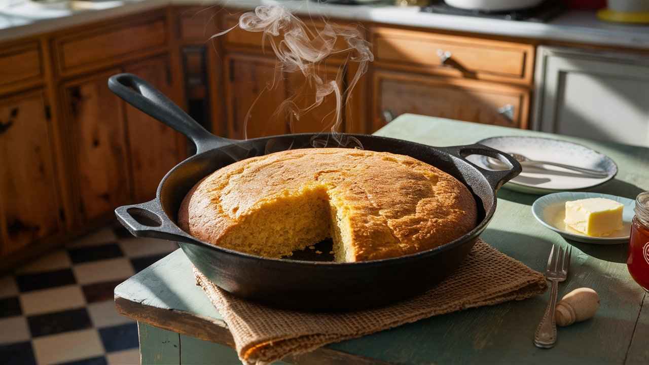 Southern cornbread in a cast iron skillet with a crispy golden crust.