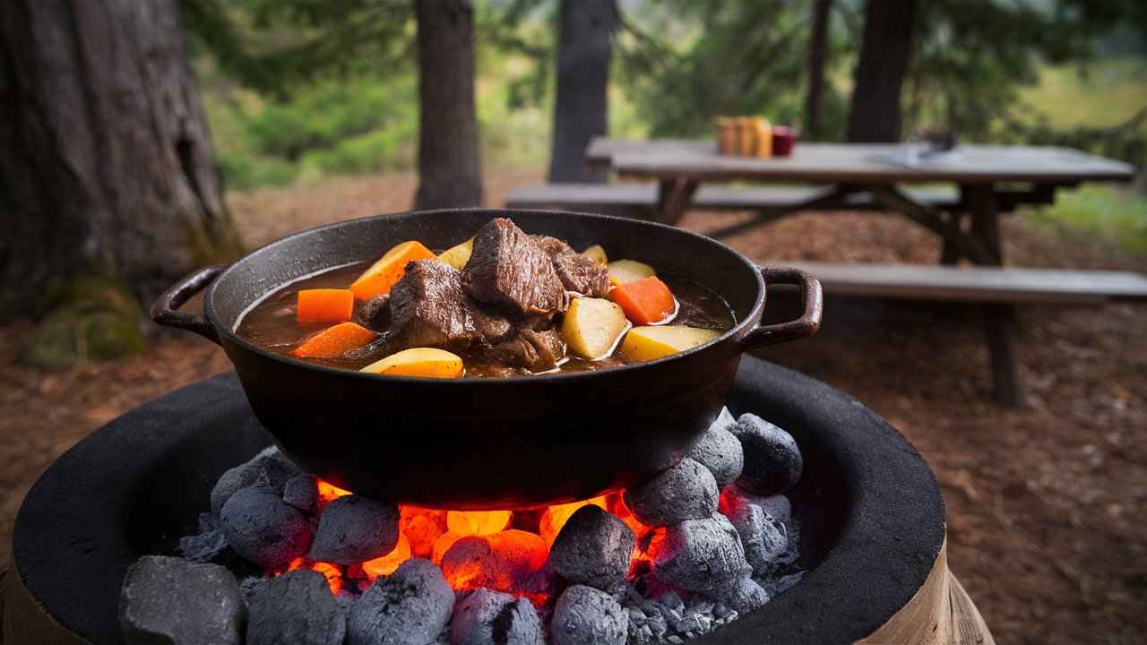 Dutch oven cooking a hearty beef stew over glowing coals in an outdoor setting