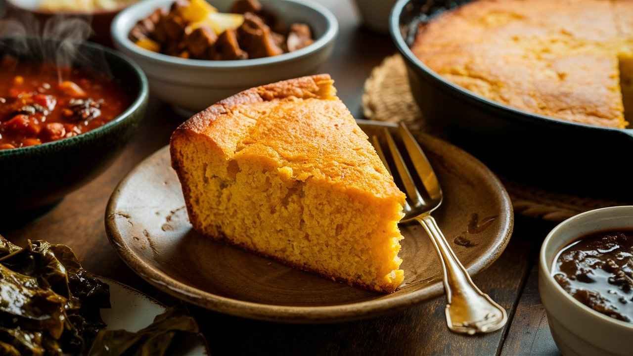 A slice of Southern cornbread on a rustic plate with classic Southern sides.