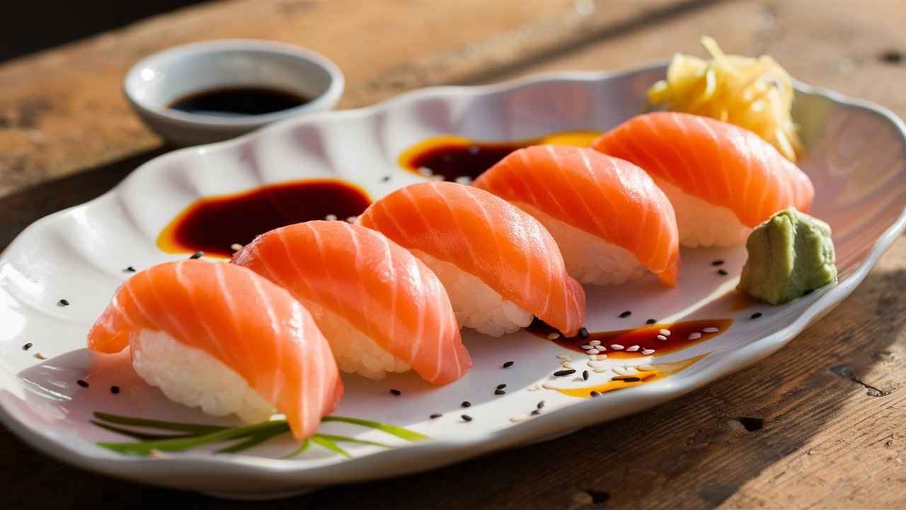 "Classic salmon nigiri plated with soy sauce, wasabi, and pickled ginger on the side."