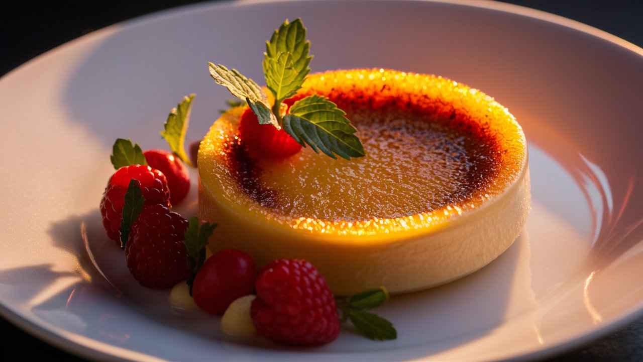 A beautifully presented crème brûlée with berries and mint.