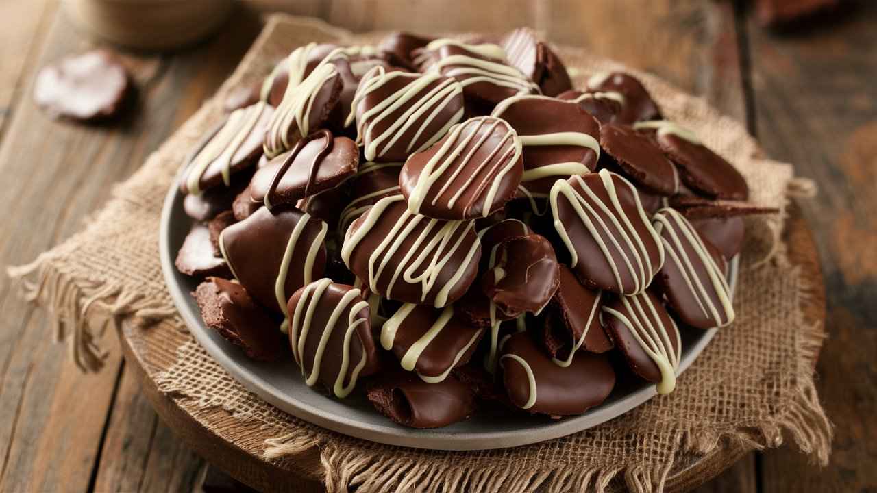 Chocolate-covered chips with a glossy coating and drizzles.