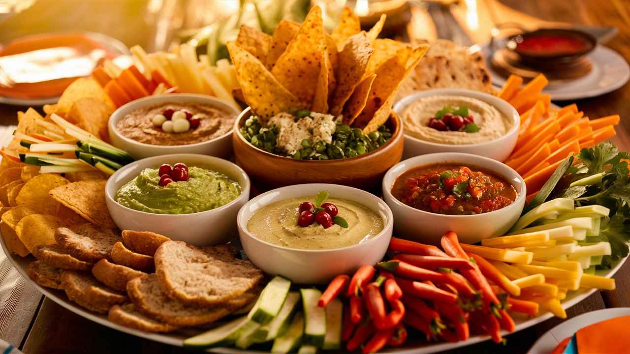 A table filled with different dips like guacamole, hummus, and salsa with assorted dippers