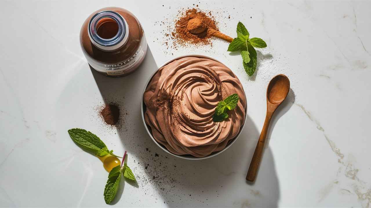 Chocolate protein shake pudding with ingredients and garnishes