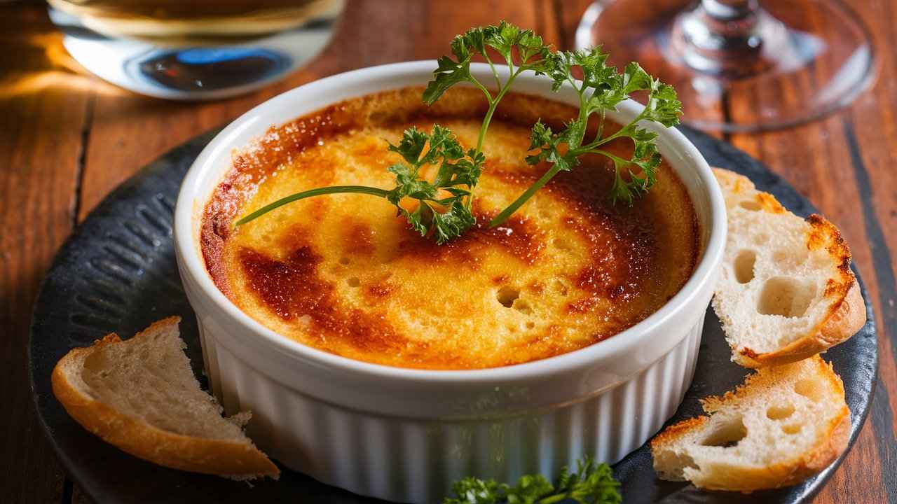 "Golden-brown crab brulee served with toasted baguette slices on a rustic table."