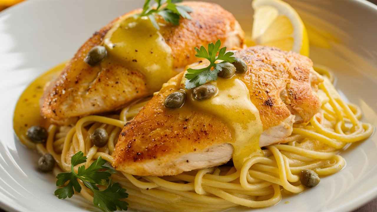 "Classic Chicken Picatta with lemon butter sauce, capers, and spaghetti."