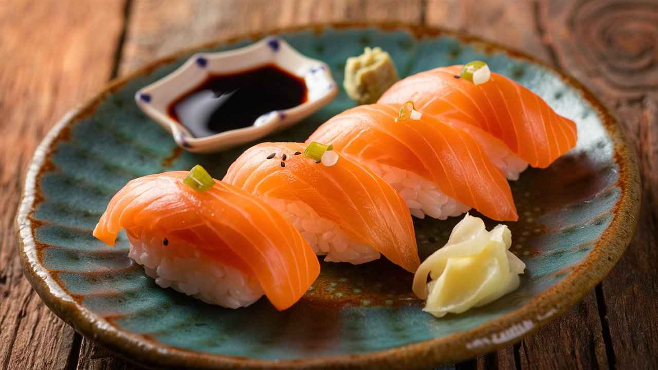 "Beautifully plated traditional salmon nigiri with soy sauce, wasabi, and ginger."