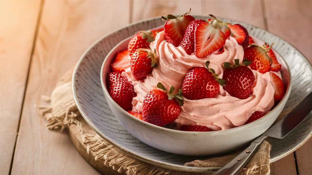 Bowl of strawberry cream cheese with fresh strawberries.