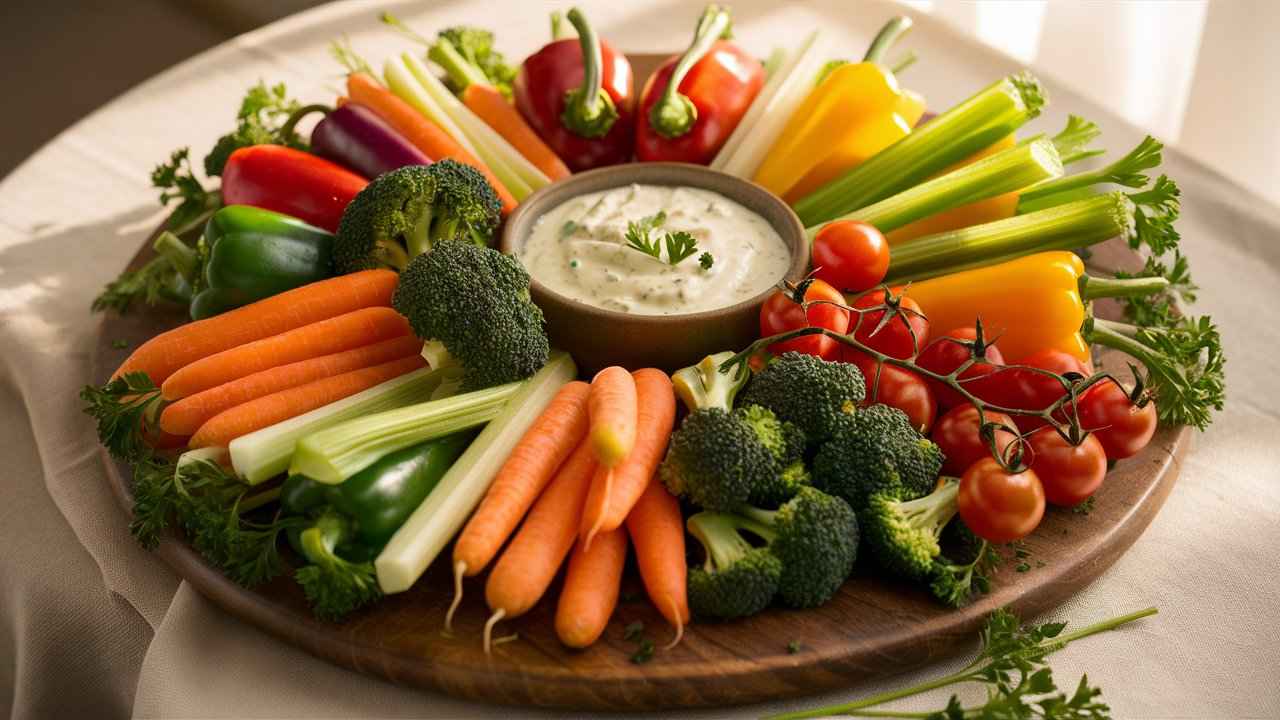 A classic veggie tray with carrots, celery, broccoli, cherry tomatoes, and bell peppers arranged around a bowl of creamy ranch dip