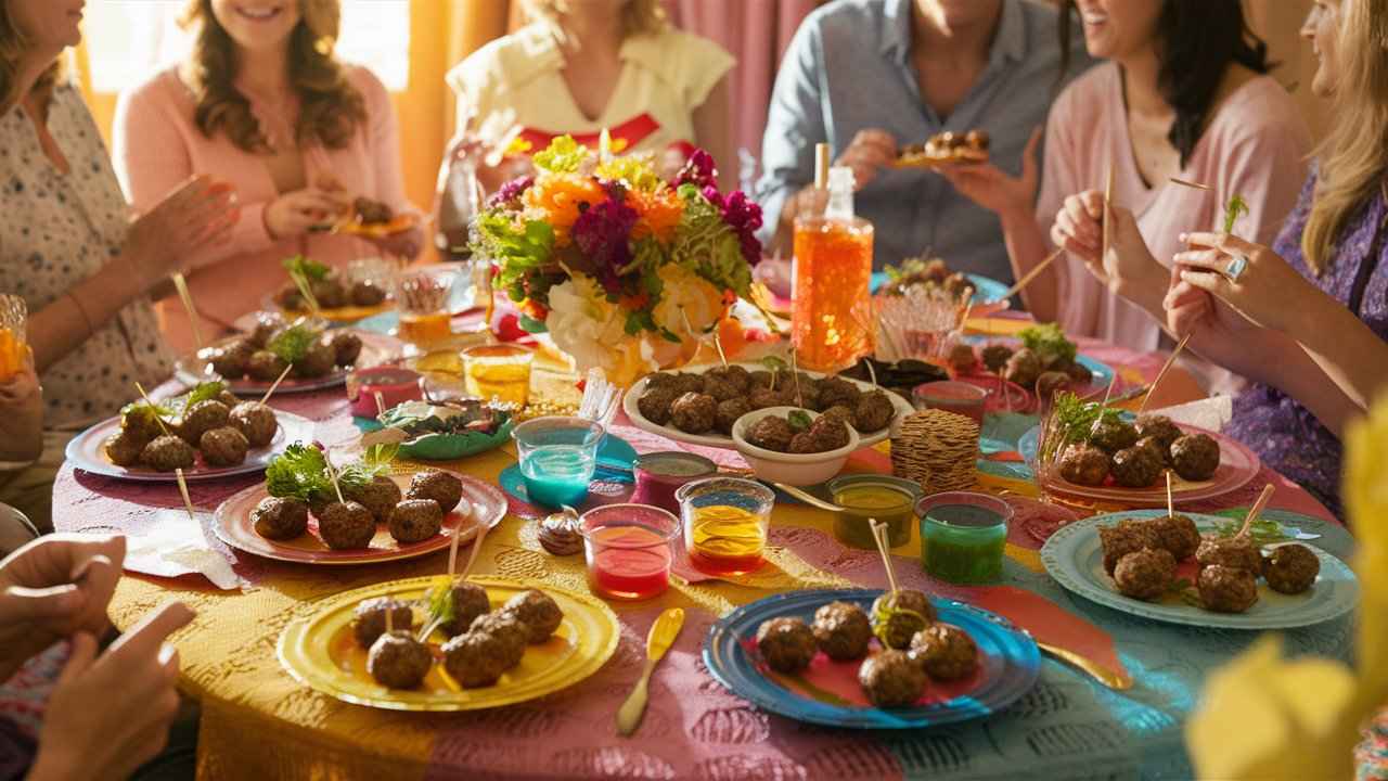 A beautiful spread of mini meatball appetizers on a table at a baby shower, garnished with colorful plates and dipping sauces